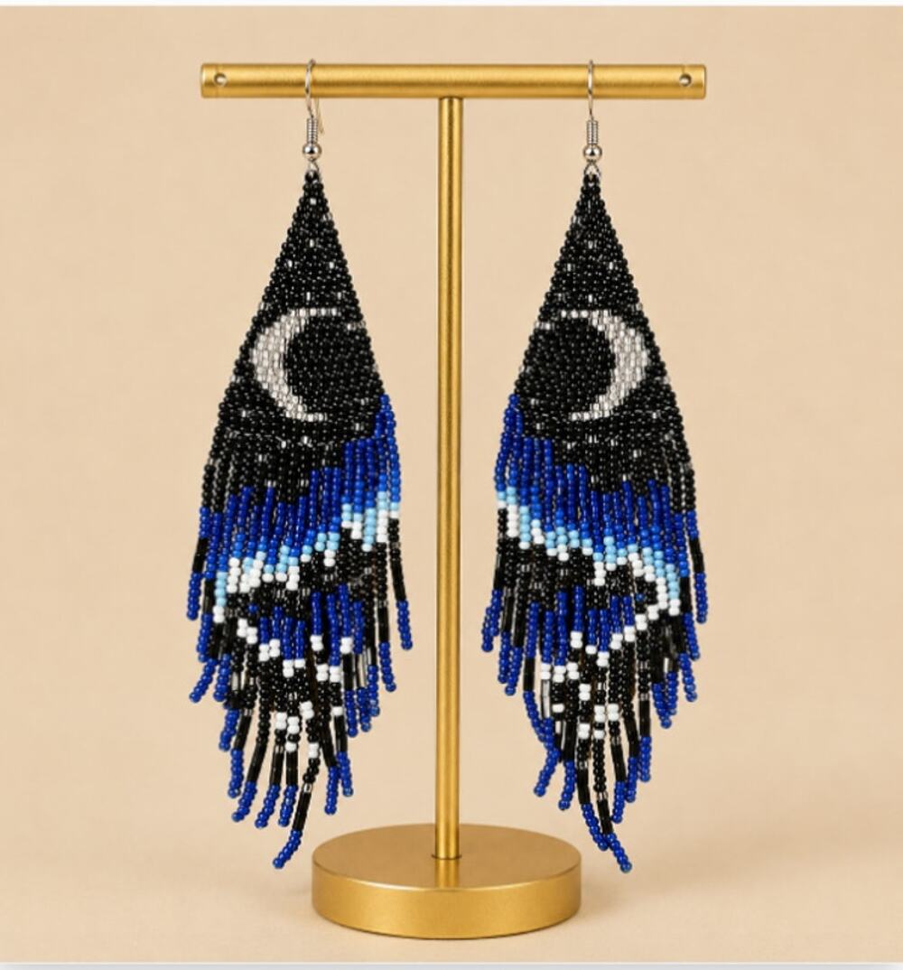 Hand Beaded Earrings Quarter Moon Gradient Blue Beads Boho Witchy